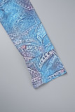 Blue Street Print Patchwork Buckle Turndown Collar Long Sleeve Two Pieces