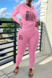 Pink Casual Letter Patchwork Draw String Pocket Hooded Collar Long Sleeve Two Pieces