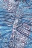 Blue Street Print Patchwork Buckle Turndown Collar Long Sleeve Two Pieces