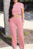 Pink Casual Solid Basic O Neck Short Sleeve Two Pieces