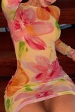 Multicolor Casual Print Basic O Neck Long Sleeve Dresses