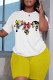White Casual Cartoon Print Basic O Neck Short Sleeve Two Pieces