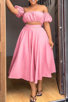 Pink Casual Solid Backless Off the Shoulder Short Sleeve Two Pieces
