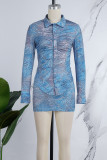 Blue Street Print Patchwork Buckle Turndown Collar Long Sleeve Two Pieces