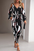 Black Elegant Striped Dot Patchwork V Neck Jumpsuits