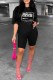Black Casual Print Letter O Neck Short Sleeve Two Pieces