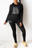 Pink Casual Letter Patchwork Draw String Pocket Hooded Collar Long Sleeve Two Pieces