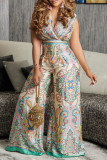 Apricot Casual Daily Elegant Mixed Printing Fold Printing Contrast V Neck Regular Jumpsuits