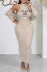 Khaki Elegant Print Letter O Neck Long Sleeve Two Pieces