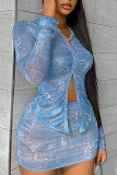 Blue Street Print Patchwork Buckle Turndown Collar Long Sleeve Two Pieces