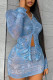 Blue Street Print Patchwork Buckle Turndown Collar Long Sleeve Two Pieces