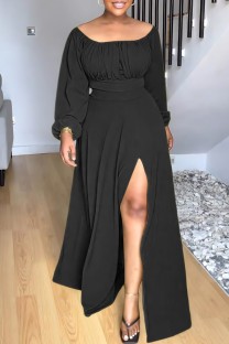 Black Casual Solid Patchwork Slit O Neck Long Sleeve Two Pieces