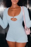Blue Casual Solid Hollowed Out O Neck Skinny Romper