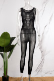 Pink Sexy Solid Lace Hollowed Out See-through Mesh O Neck Skinny Jumpsuits