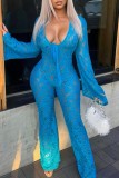Blue Casual Solid See-through V Neck Skinny Jumpsuits