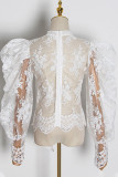 White Elegant Solid Lace Embroidered With Bow Half A Turtleneck Tops