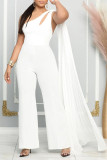 White Casual Daily Elegant Cut Out Asymmetrical Solid Color One Shoulder Regular Jumpsuits