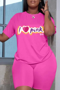 Rose Pink Casual Print Basic O Neck Short Sleeve Two Pieces