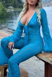 Blue Casual Solid See-through V Neck Skinny Jumpsuits