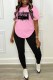Pink Casual Print Letter O Neck Short Sleeve Two Pieces