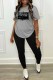 Grey Casual Print Letter O Neck Short Sleeve Two Pieces