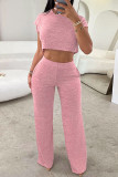 Pink Casual Solid Basic O Neck Short Sleeve Two Pieces