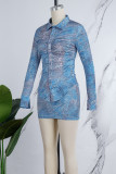Blue Street Print Patchwork Buckle Turndown Collar Long Sleeve Two Pieces