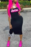 Black Sexy Print Letter Spaghetti Strap One Step Skirt Dresses