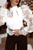 White Elegant Solid Lace Embroidered With Bow Half A Turtleneck Tops
