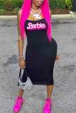 Black Sexy Print Letter Spaghetti Strap One Step Skirt Dresses