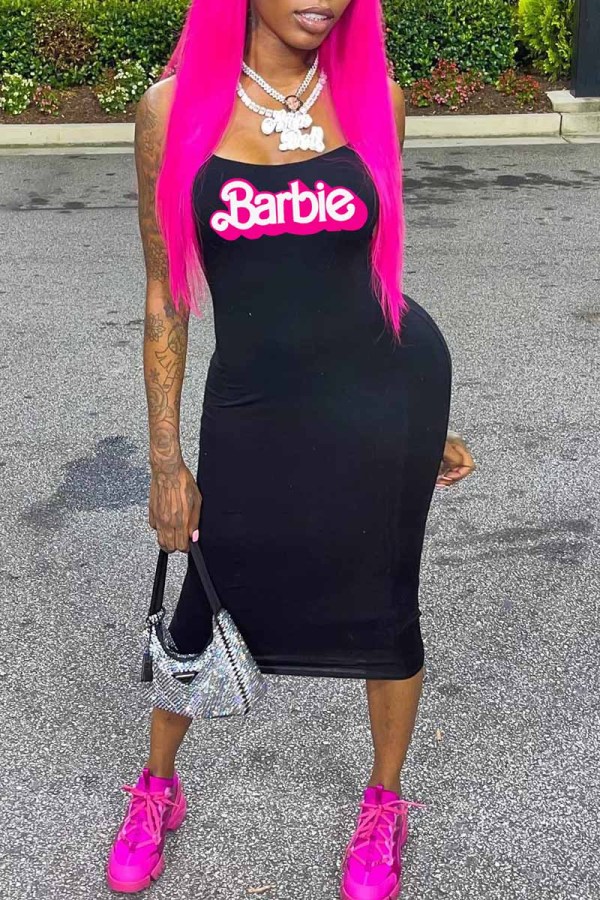 Black Sexy Print Letter Spaghetti Strap One Step Skirt Dresses