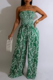 Light Green Sexy Casual Print Backless Strapless Regular Jumpsuits