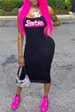 Black Sexy Print Letter Spaghetti Strap One Step Skirt Dresses