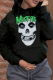 Black Casual Street Print Draw String Hooded Collar Tops