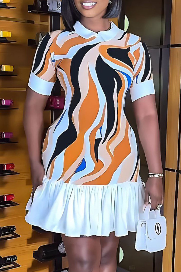 Multicolor Casual Print Patchwork Turndown Collar Short Sleeve Dress
