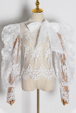 White Elegant Solid Lace Embroidered With Bow Half A Turtleneck Tops