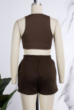 Coffee Casual Solid Basic O Neck Sleeveless Two Pieces