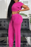 Pink Casual Solid Basic O Neck Short Sleeve Two Pieces