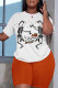 White Orange Casual Skull Head Print Basic O Neck Short Sleeve Two Pieces