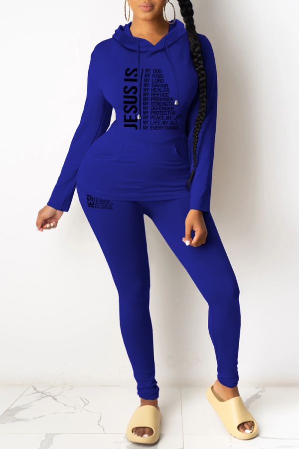 Blue Casual Letter Patchwork Draw String Pocket Hooded Collar Long Sleeve Two Pieces