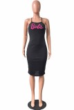Red Sexy Casual Print Letter Spaghetti Strap One Step Skirt Dresses