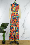 Yellow Casual Print Patchwork V Neck Regular Jumpsuits
