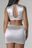 Silver Sexy Solid Hollowed Out Patchwork Strap Design Reflective O Neck One Step Skirt Dresses