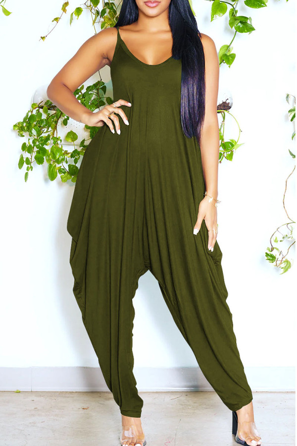 Army Green Sexy Casual Solid Backless Spaghetti Strap Regular Jumpsuits