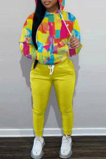 Yellow Casual Print Basic Hooded Collar Long Sleeve Two Pieces