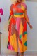 Orange Yellow Casual Print Patchwork Pleated Half A Turtleneck Long Sleeve Two Pieces