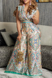 Apricot Casual Daily Elegant Mixed Printing Fold Printing Contrast V Neck Regular Jumpsuits