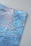 Blue Street Print Patchwork Buckle Turndown Collar Long Sleeve Two Pieces