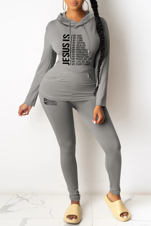 Grey Casual Letter Patchwork Draw String Pocket Hooded Collar Long Sleeve Two Pieces