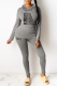 Grey Casual Letter Patchwork Draw String Pocket Hooded Collar Long Sleeve Two Pieces